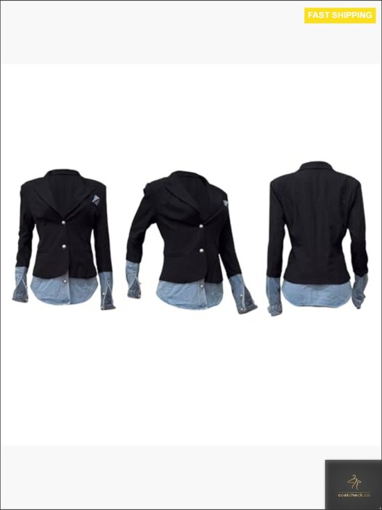 Denim Patchwork Blazer Slim Fit Business Casual Long Sleeve Lapel Jacket - Picture 5 of 7